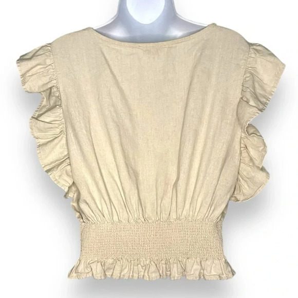 Cupcakes and Cashmere Beige Linen Blend Ruffle Sleeve Smocked Hem Blouse -Size L - Picture 2 of 7